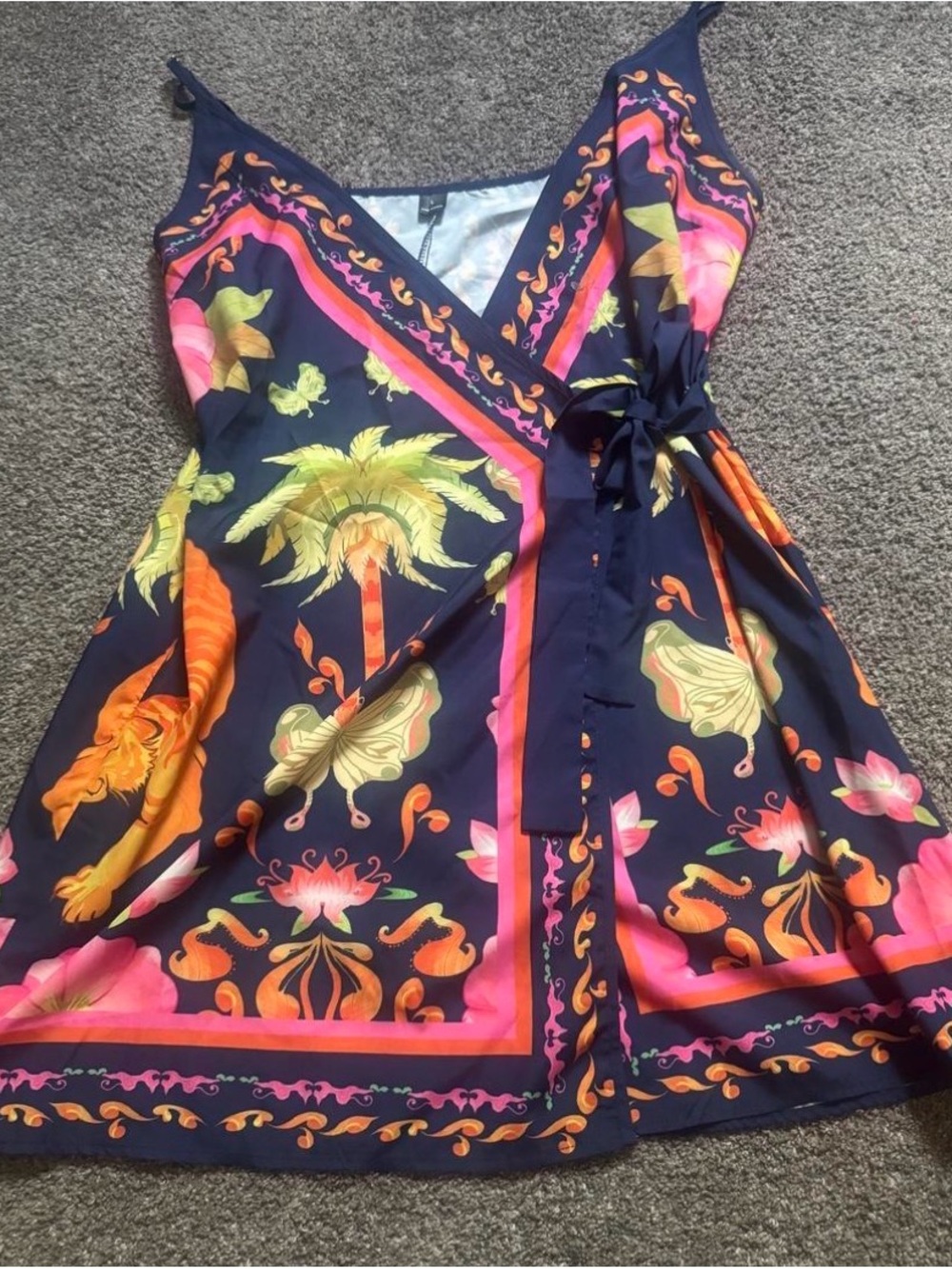 Girls Navy Tropical Print One-Piece Swimsuit with Tie